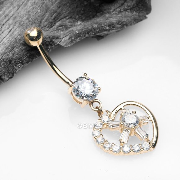 14 Karat Gold Sparkle Floral Ray Heart Belly Button Ring